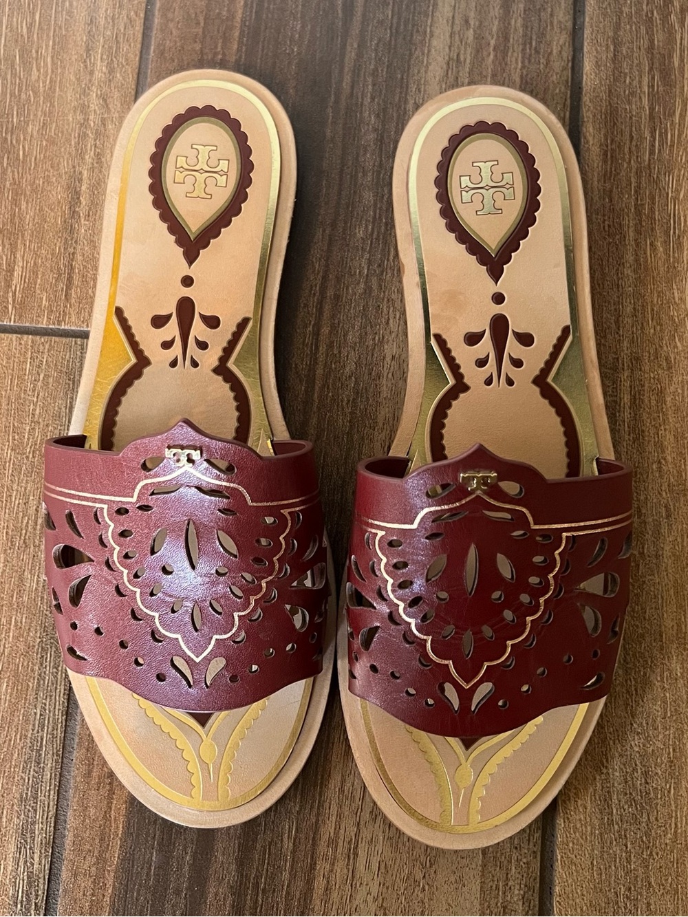 Tory Burch Burgundy Laser-Cut Leather Slide Mules